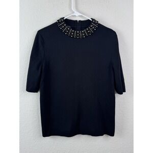Talbots Beaded Neckline Top Sweater Black Women's L Short Sleeve Stretch Preppy